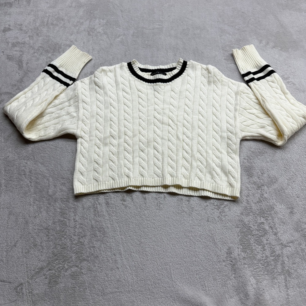 Blue Blush Sweater Womens Small White Cable Knit Varsity Stripe Preppy Old Money
